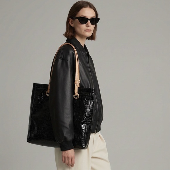 Jessica Handbags - Jessica Elegant Black Tote with Tan Straps